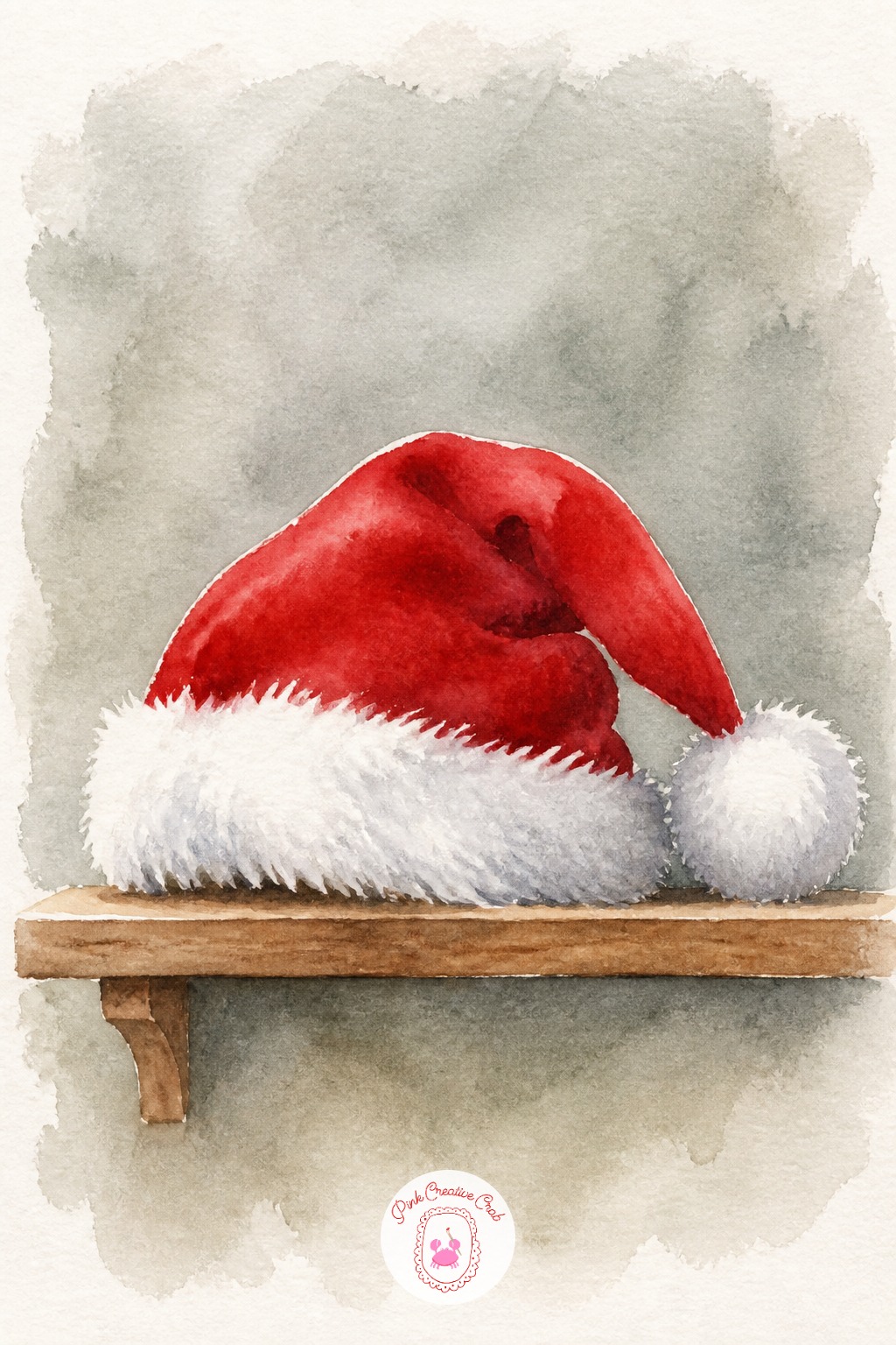 Santa Hat on a Shelf — A Santa hat combines a simple red cone with a soft white trim, a nice contrast of textures in one small subject. Christmas watercolor