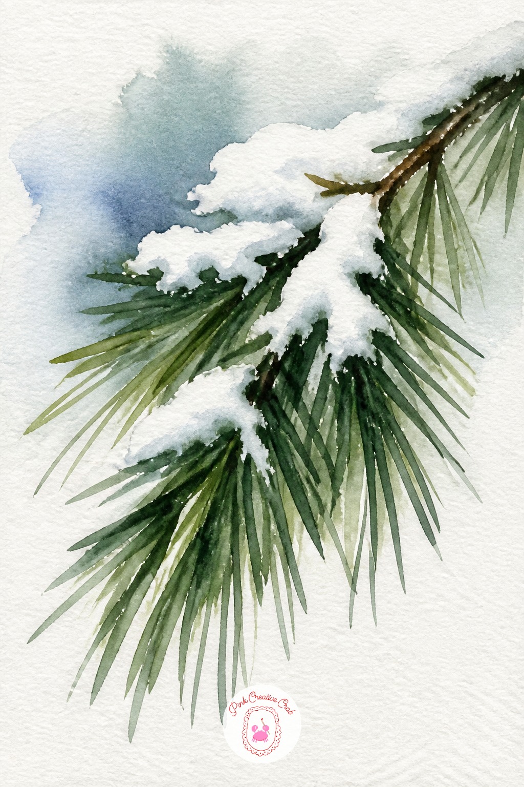 Pine Branch With Snow — A single pine branch is built from many small needle strokes rather than one big shape, good practice for varied brushwork. Christmas