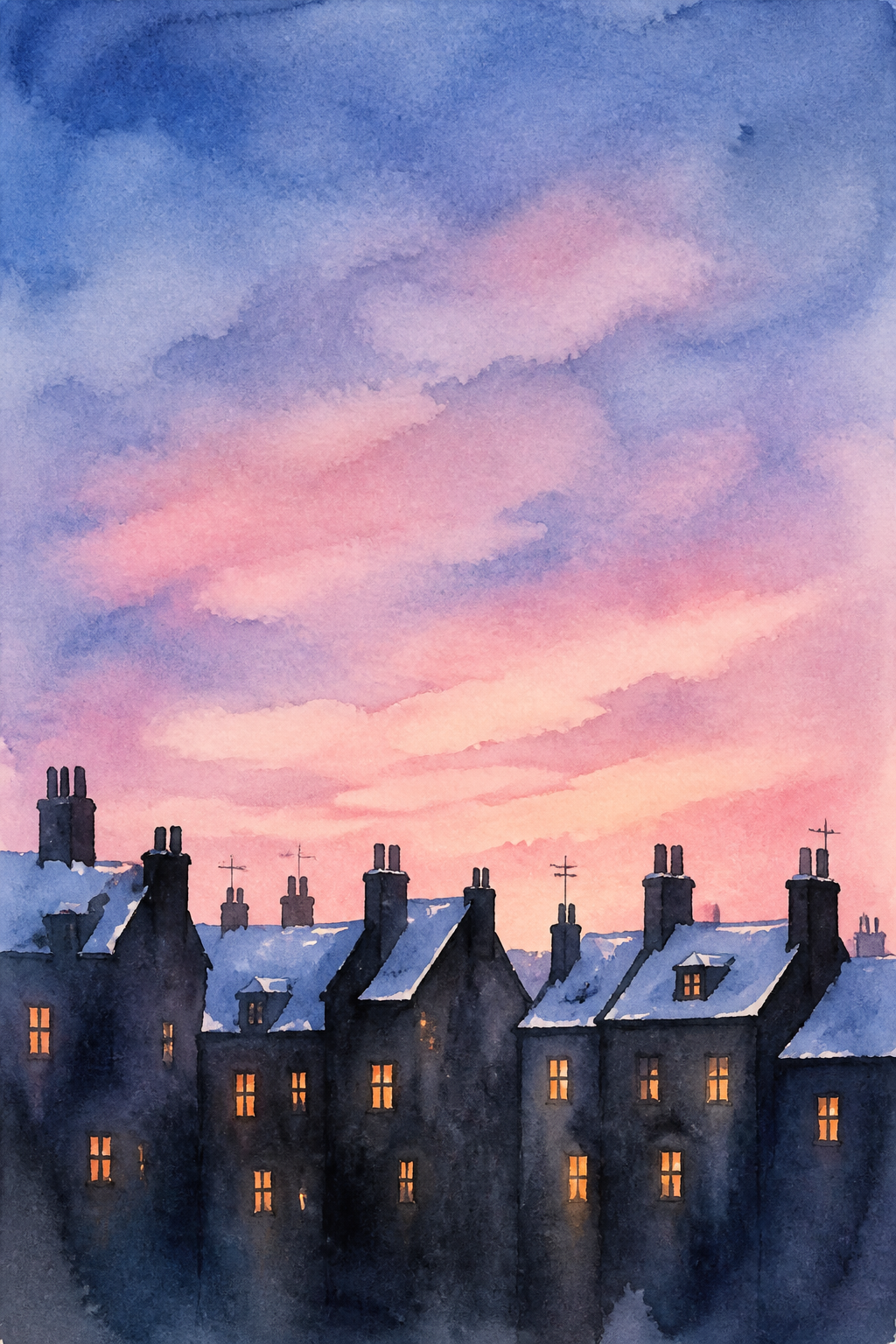 Row of Snowy Rooftops — A simple skyline of small rooftops against a dusk sky works well as a loose silhouette study. Christmas watercolor ideas