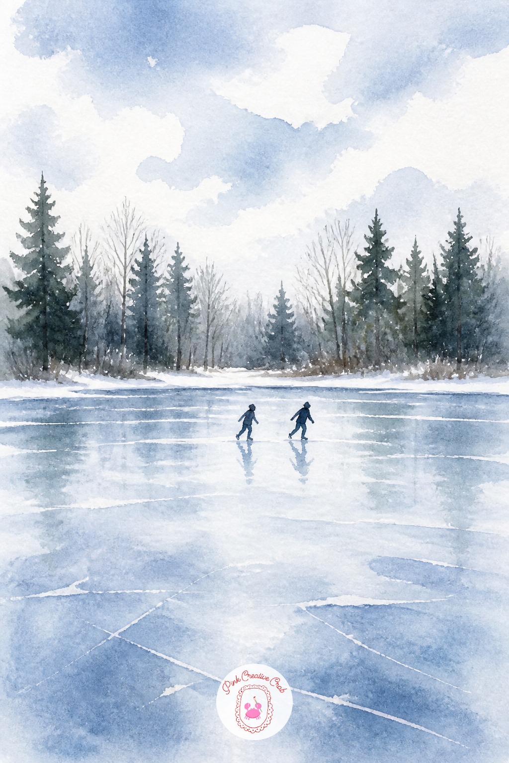 Frozen Pond With Skaters — A small frozen pond with a couple of distant figures brings in reflection and scale together. Christmas watercolor ideas