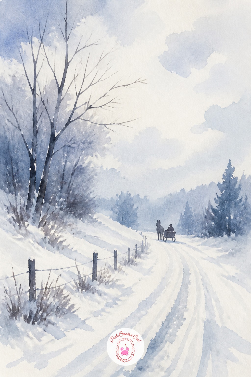 Horse Drawn Sleigh in the Distance — A small sleigh and horse on a snowy road makes a quiet, atmospheric subject with soft edges throughout. Christmas