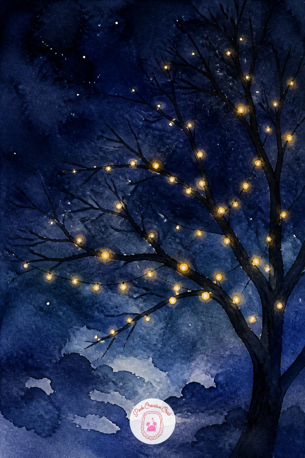 Night Sky With Tree and Fairy Lights — This brings together a dark sky, a tree silhouette, and small warm light dots for a cozy finish to the evening.