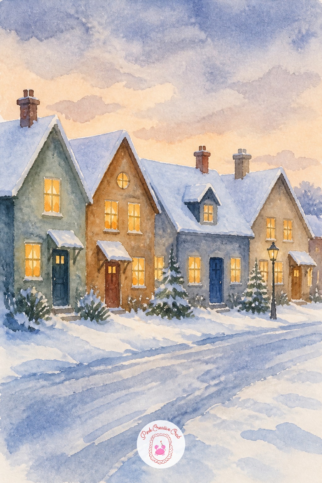 Small Christmas Village Street — A short row of small buildings with lit windows is the most involved subject here, but each building is still a simple box