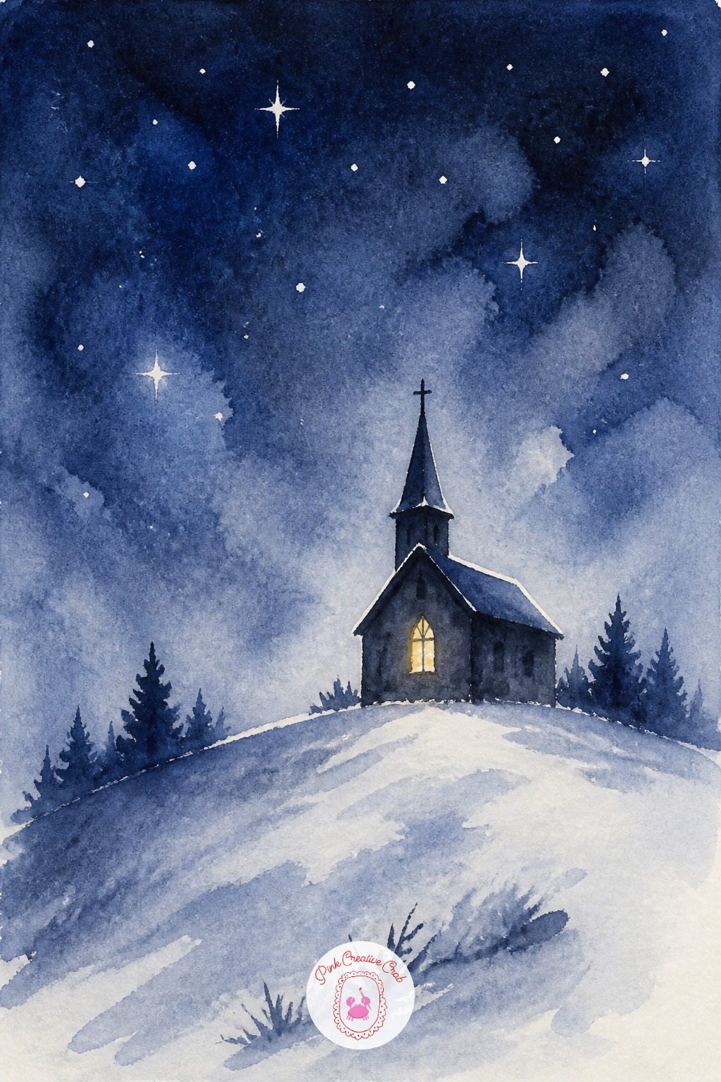 Starlit Church on a Hill — A small church silhouette on a rise of snow, with one lit window and a scattering of stars, makes a satisfying final piece for the