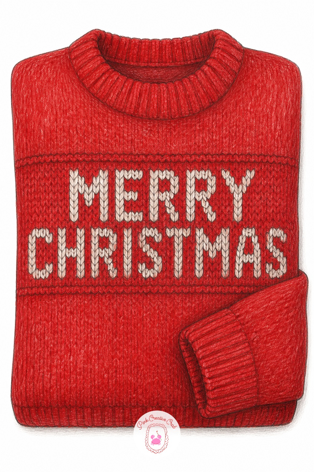 Knit Sweater Message — Draw a folded sweater lying flat, sleeves tucked under, with a simple ribbed pattern running along the cuffs and hem. Merry christmas