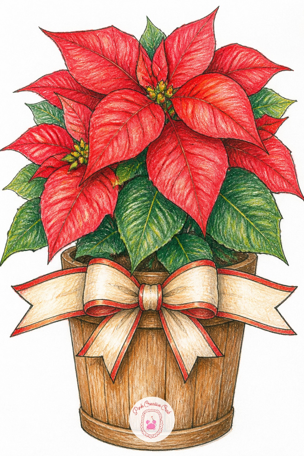 Poinsettia Pot Ribbon — Block in five or six bold poinsettia leaves rather than a crowded cluster, each leaf shaded red with a darker vein line. Merry