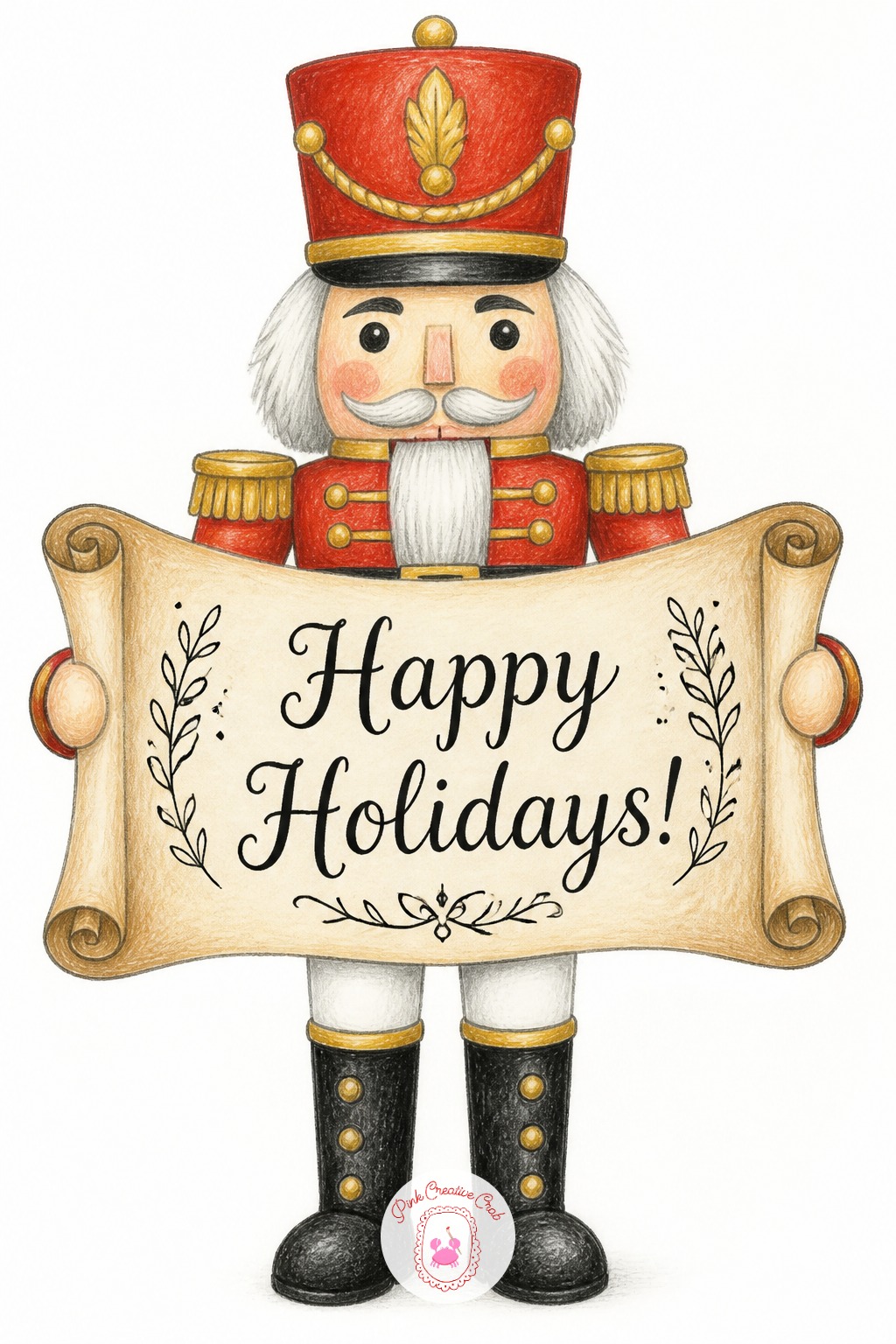 Nutcracker Scroll Banner — Sketch a nutcracker soldier figure standing straight, one arm extended holding an unrolled scroll. Merry christmas drawing