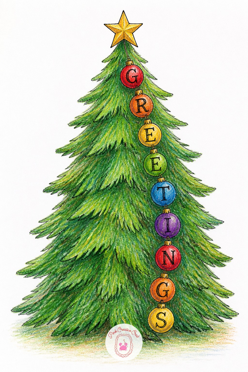 Tree Ornament Spelling — Block in a full triangle christmas tree shape with layered green pencil, working from the bottom branches up to the star on top. Merry