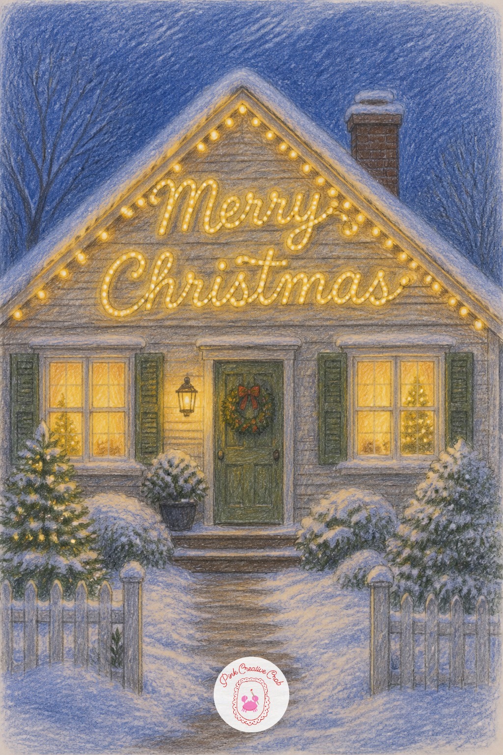 House Roofline Lights — Draw a small house front with a snowy roofline, then loop a string of lights along the edge, shaping the loops into letters rather than