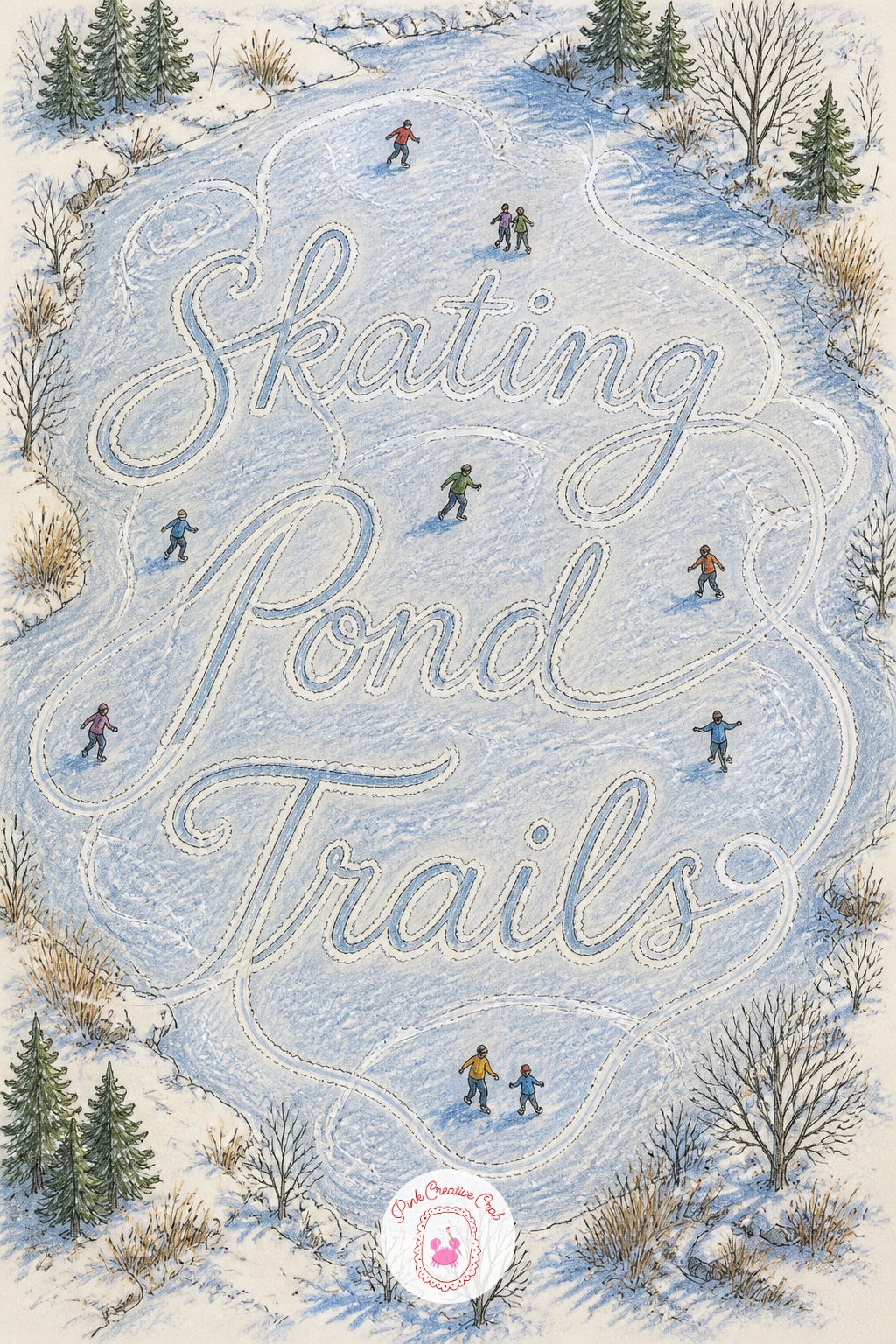Skating Pond Trails — Sketch a frozen pond from a slight angle, with a couple of small skater figures in the distance. Merry christmas drawing