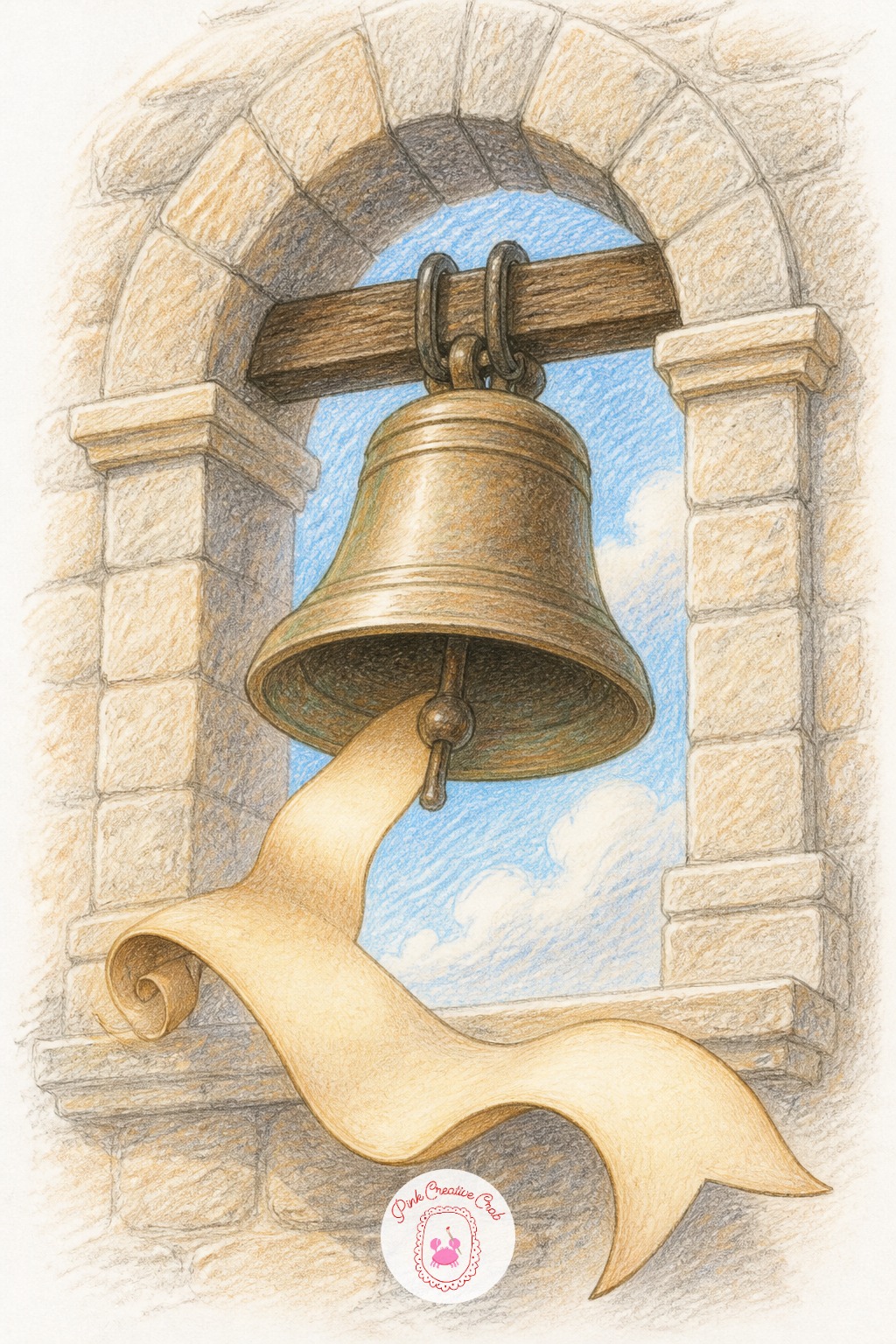 Church Bell Scroll — Draw a large bell hanging from a simple arch or beam at the top of the page, with a ribbon scroll flowing out from the bell mouth below
