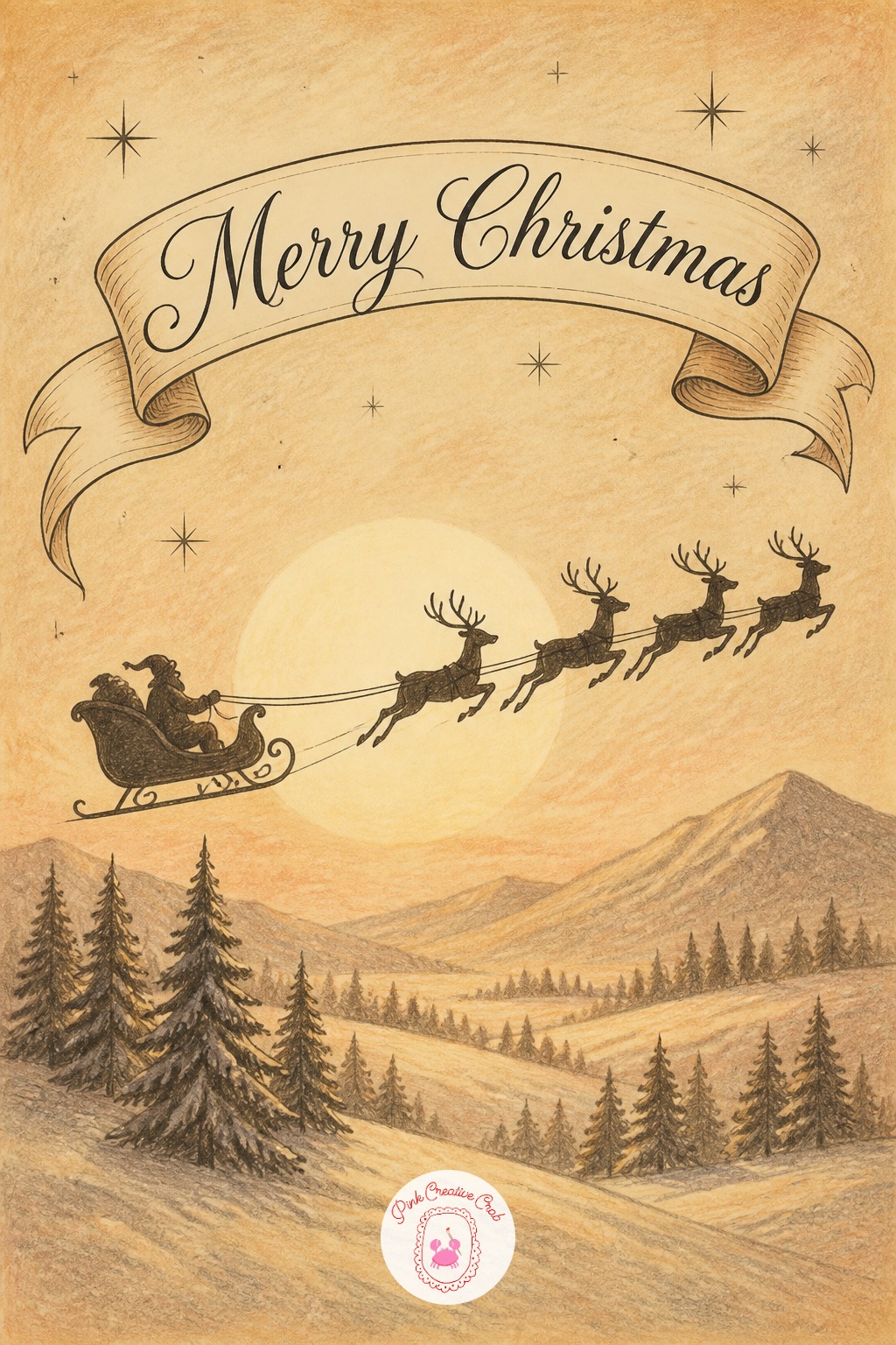 Vintage Postcard Banner — Sketch a sleigh and reindeer silhouette crossing a hill, keeping the whole scene simple shapes rather than fine detail. Merry