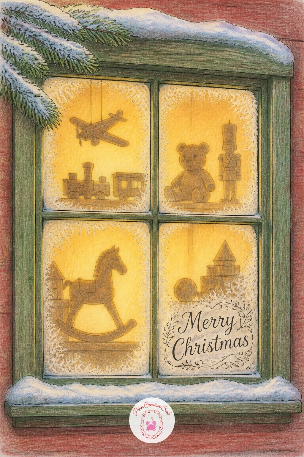 Santa Workshop Window — Draw a tall window with frosted edges, and keep the toys visible inside as simple silhouettes rather than detailed figures. Merry