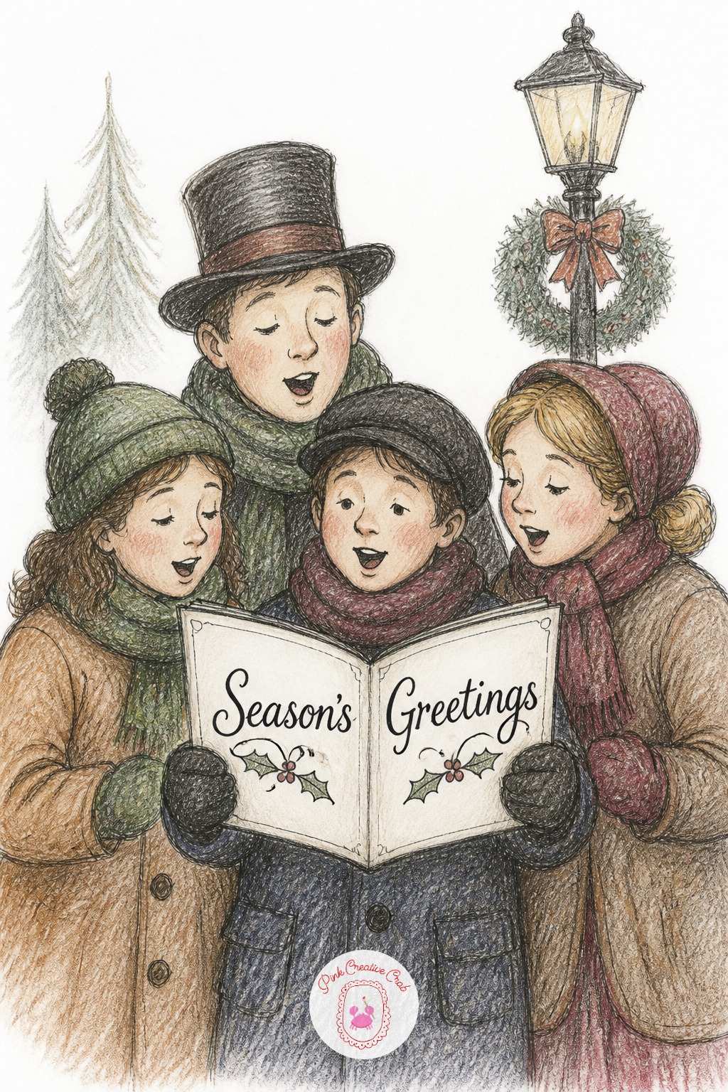 Carolers Songbook Page — Sketch two or three caroler figures bundled in scarves and coats, one holding an open songbook facing outward. Merry christmas drawing