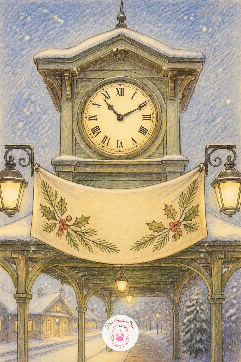 Train Station Clock Banner — Draw a large round clock face at the center of a simple station facade, then drape a banner beneath the numbers rather than