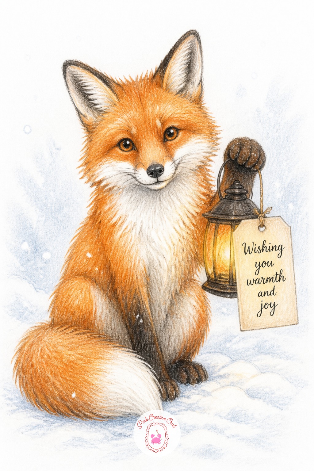 Fox With Lantern Banner — Sketch a fox sitting upright in snow, holding a small lantern by its handle. Merry christmas drawing