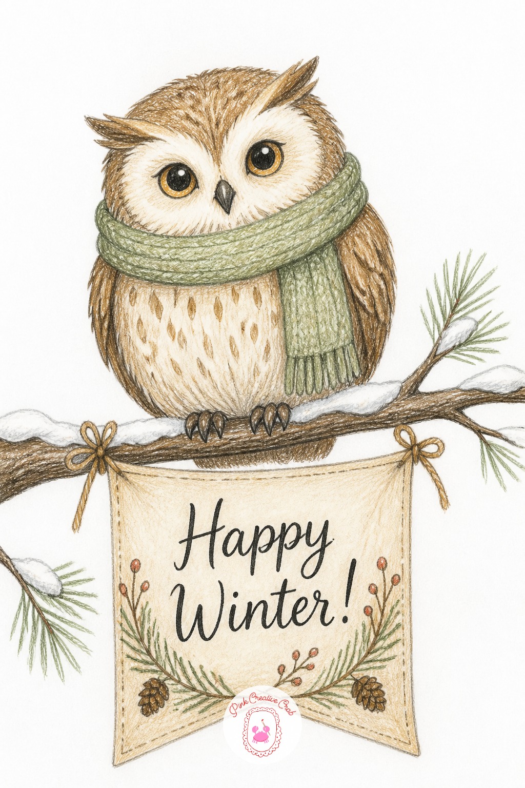 Owl With Scarf Banner — Block in a round owl body shape first, then add the feather texture afterward so the overall shape stays solid. Merry christmas drawing