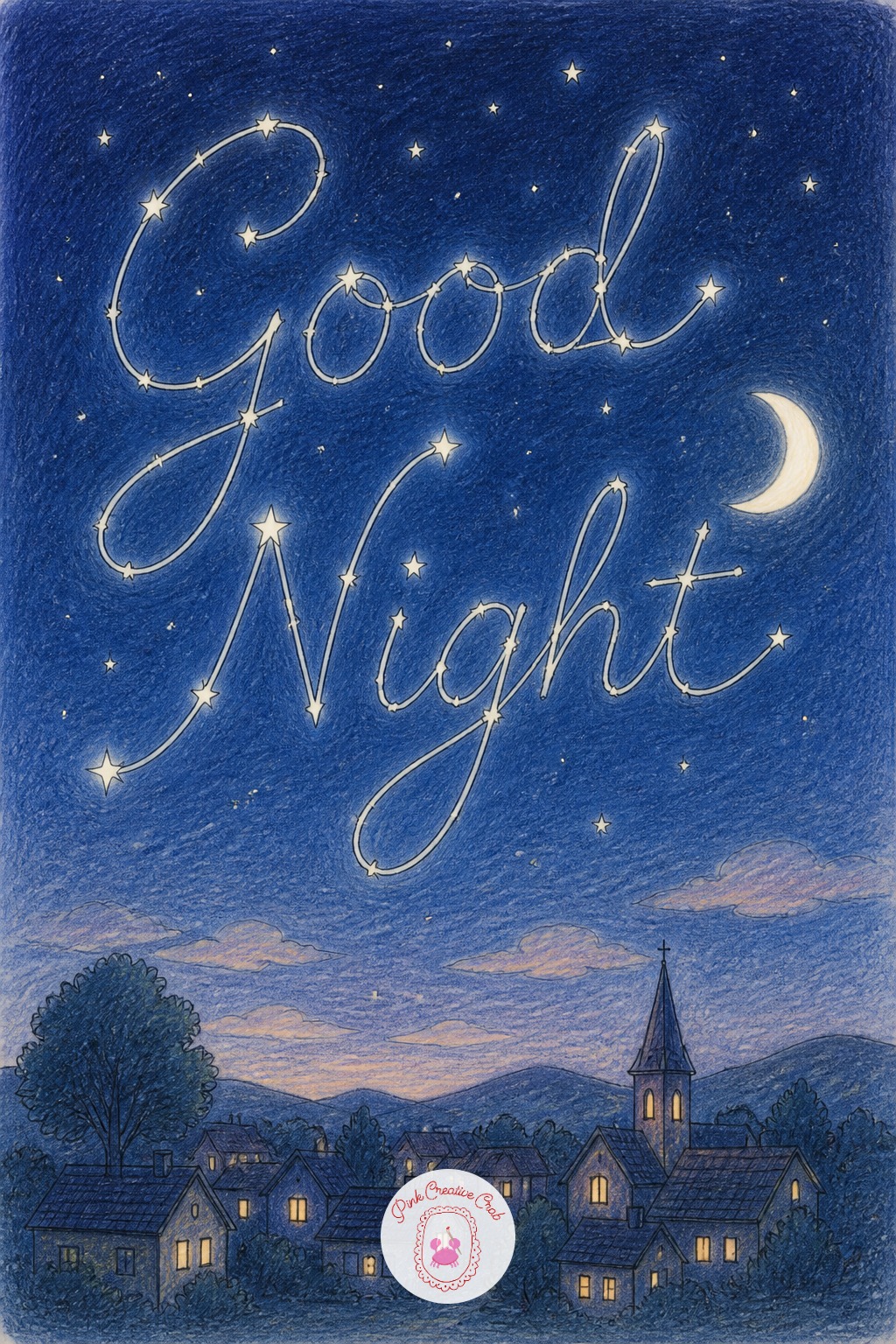 Night Sky Constellation Message — Block in a dark blue night sky over a simple village skyline, keeping the rooftops as plain silhouettes. Merry christmas