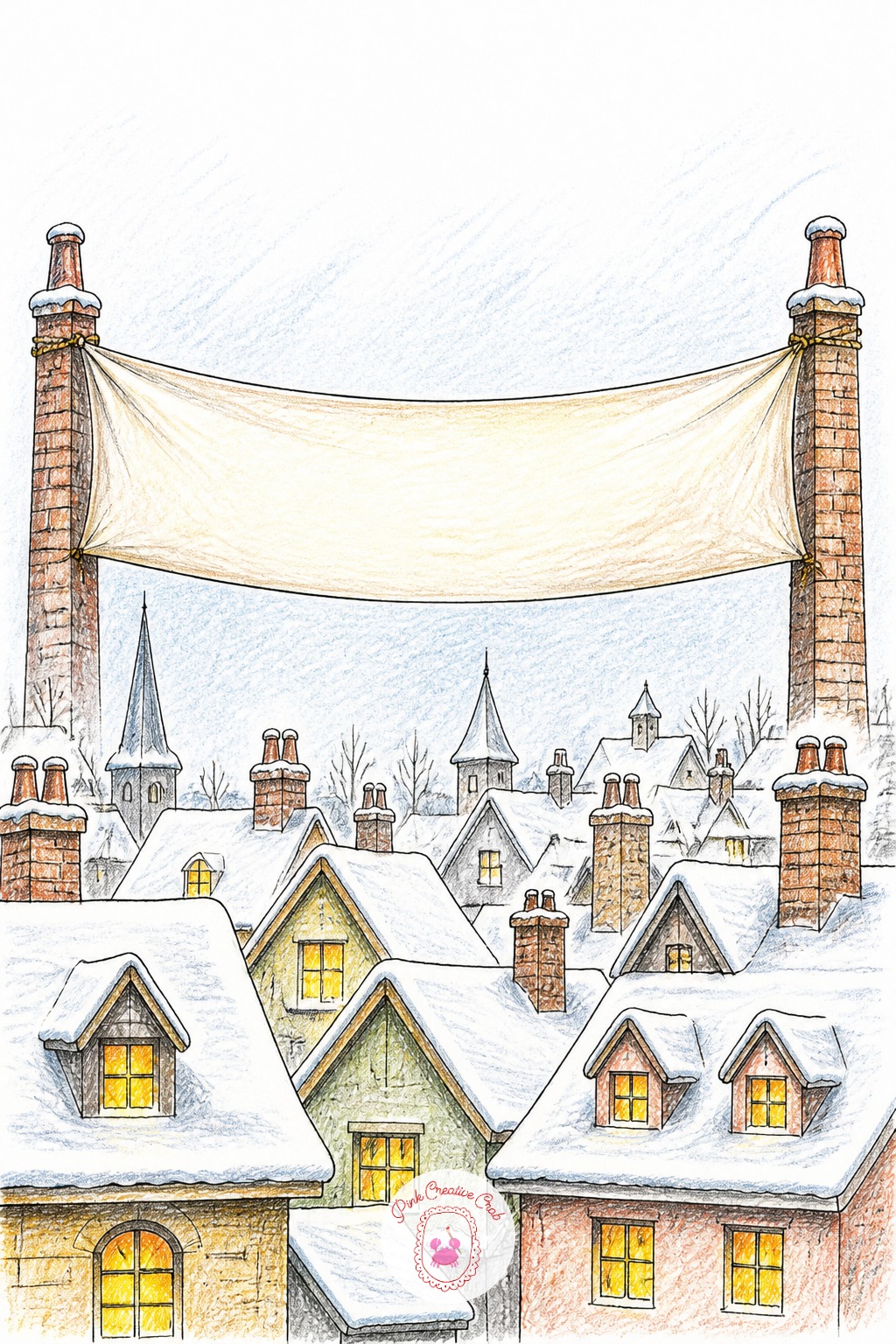 Snowy Village Skyline Banner — Sketch a row of simple cottage rooftops under a blanket of snow, dotting a few windows with warm light. Merry christmas drawing