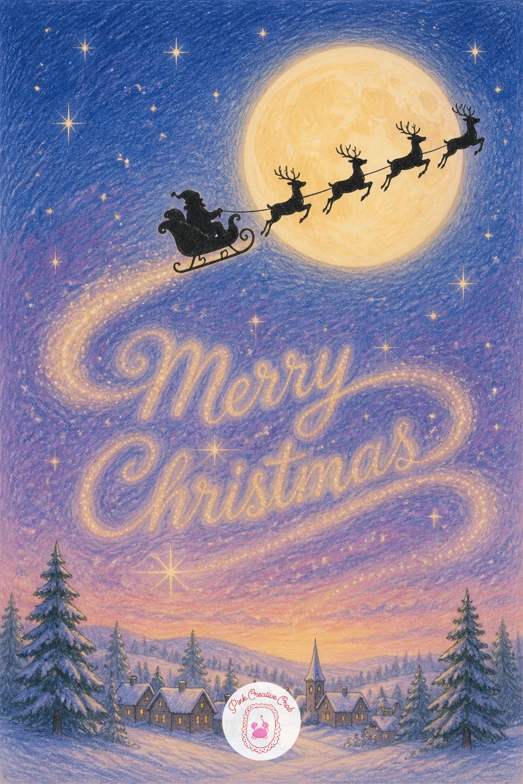Santa's Sleigh Sky Trail — Draw a sleigh and reindeer silhouette crossing in front of a full moon, keeping the shapes simple and dark against the glow. Merry