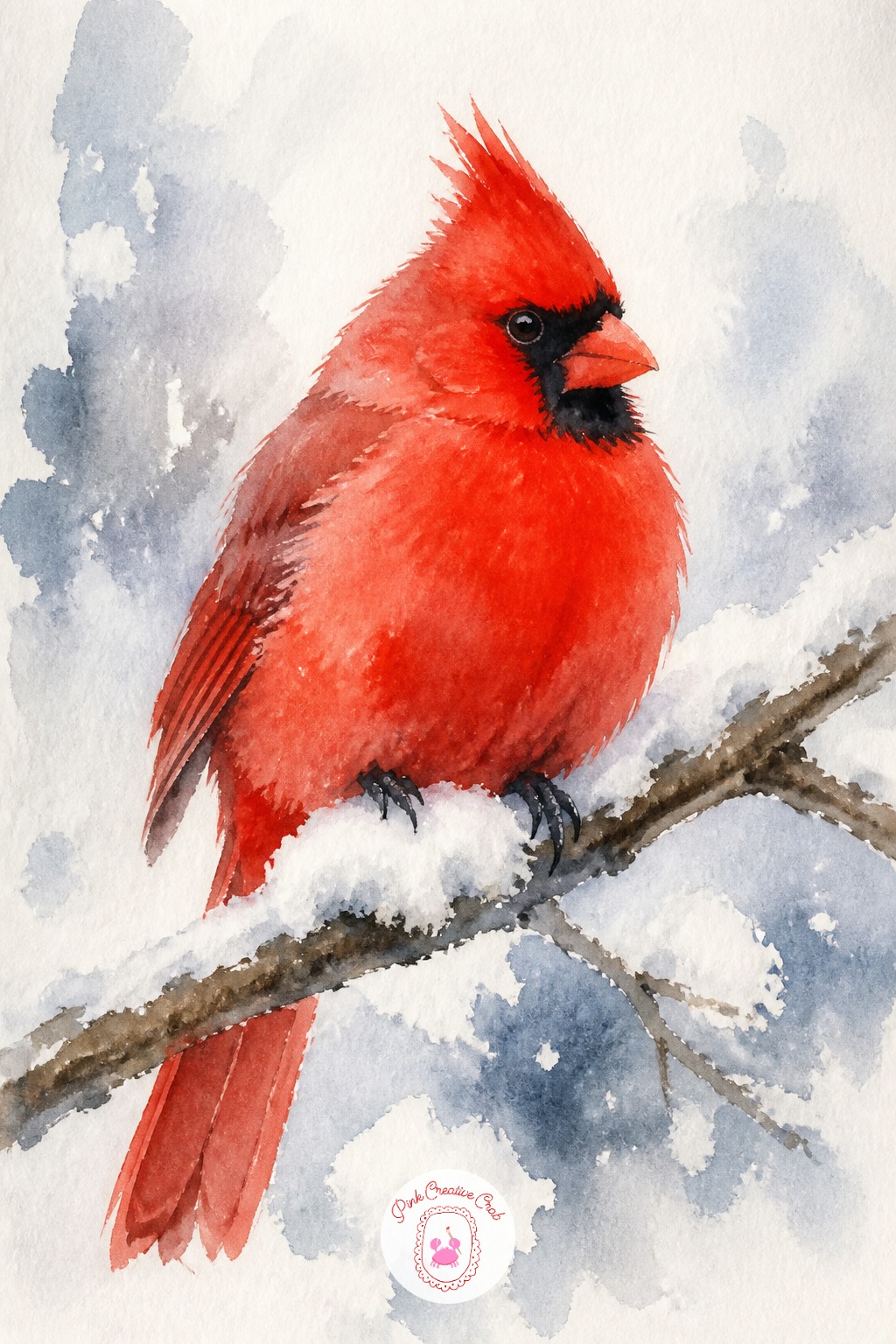 Red Cardinal on Snowy Branch — A cardinal gives you a strong shape and a single bright color against a quiet winter scene. Christmas watercolor ideas