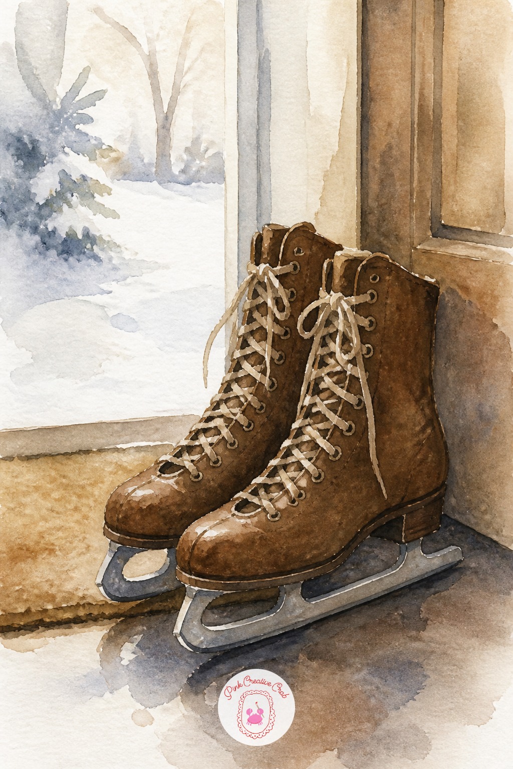 Ice Skates by the Door — A pair of ice skates leaning together adds a narrative touch without much extra painting. Christmas watercolor ideas