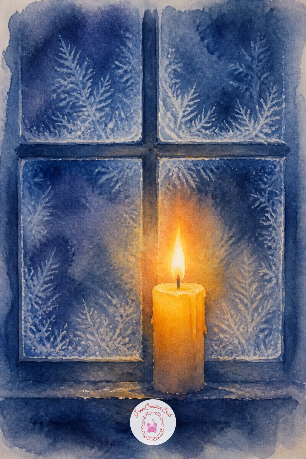 Lit Candle in a Frosted Window — This combines a soft glow with a cooler background, a nice contrast study. Christmas watercolor ideas