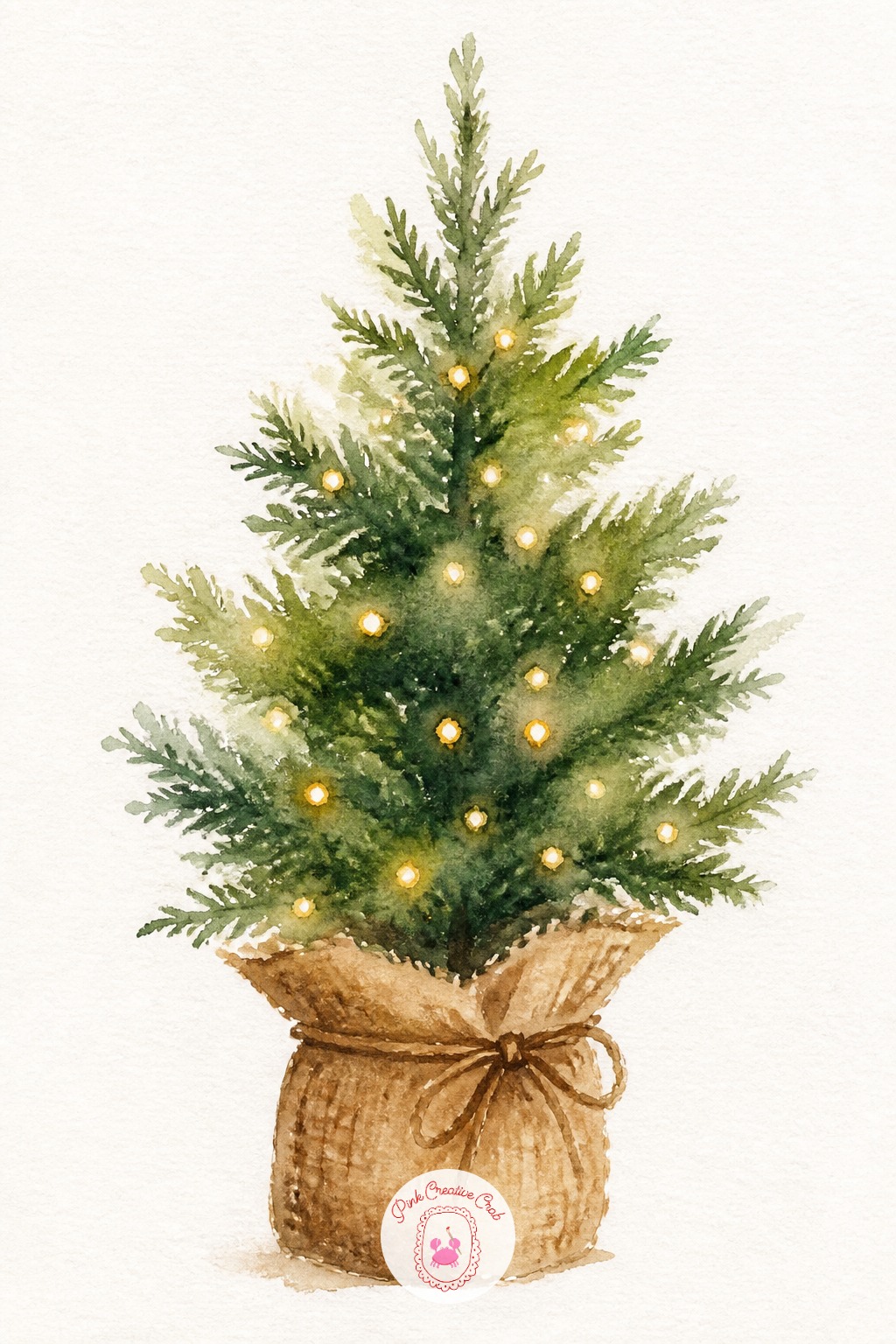 Potted Christmas Tree — A small tree in a burlap pot is a looser, more forgiving take on tree painting since it sits whole in the frame. Christmas watercolor