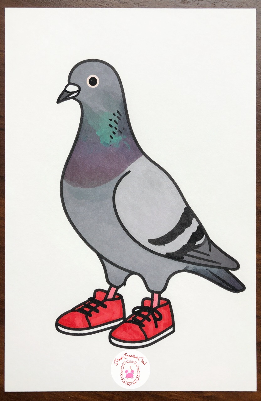 Pigeon in Sneakers — Block in the pigeon as a soft oval body with a smaller round head on top, no neck needed. Silly animal doodles