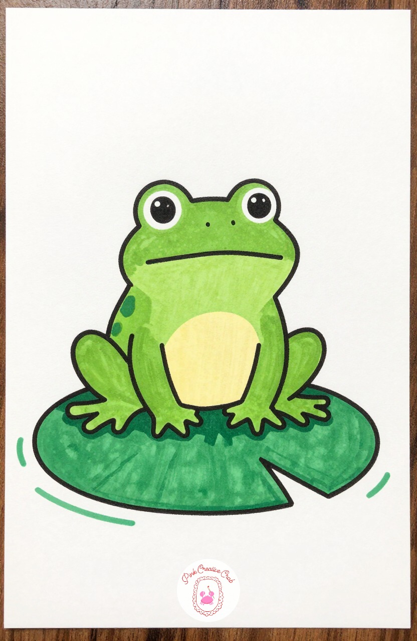 Frog Judging You on Lily Pad — Start with one wide oval for the frog's body sitting flat on a big green lily pad circle with a notch cut from the edge. Silly