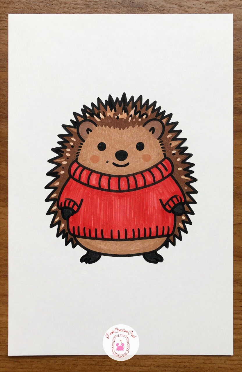 Hedgehog in a Sweater — Sketch a simple dome shape for the body and a pointed triangle snout, then add short straight lines fanning out from the back for