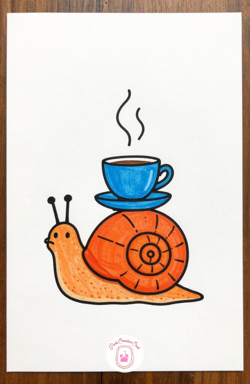 Snail Carrying a Teacup — Draw the shell as one tight spiral first, then attach a curved body underneath with two small antennae on top. Silly animal doodles