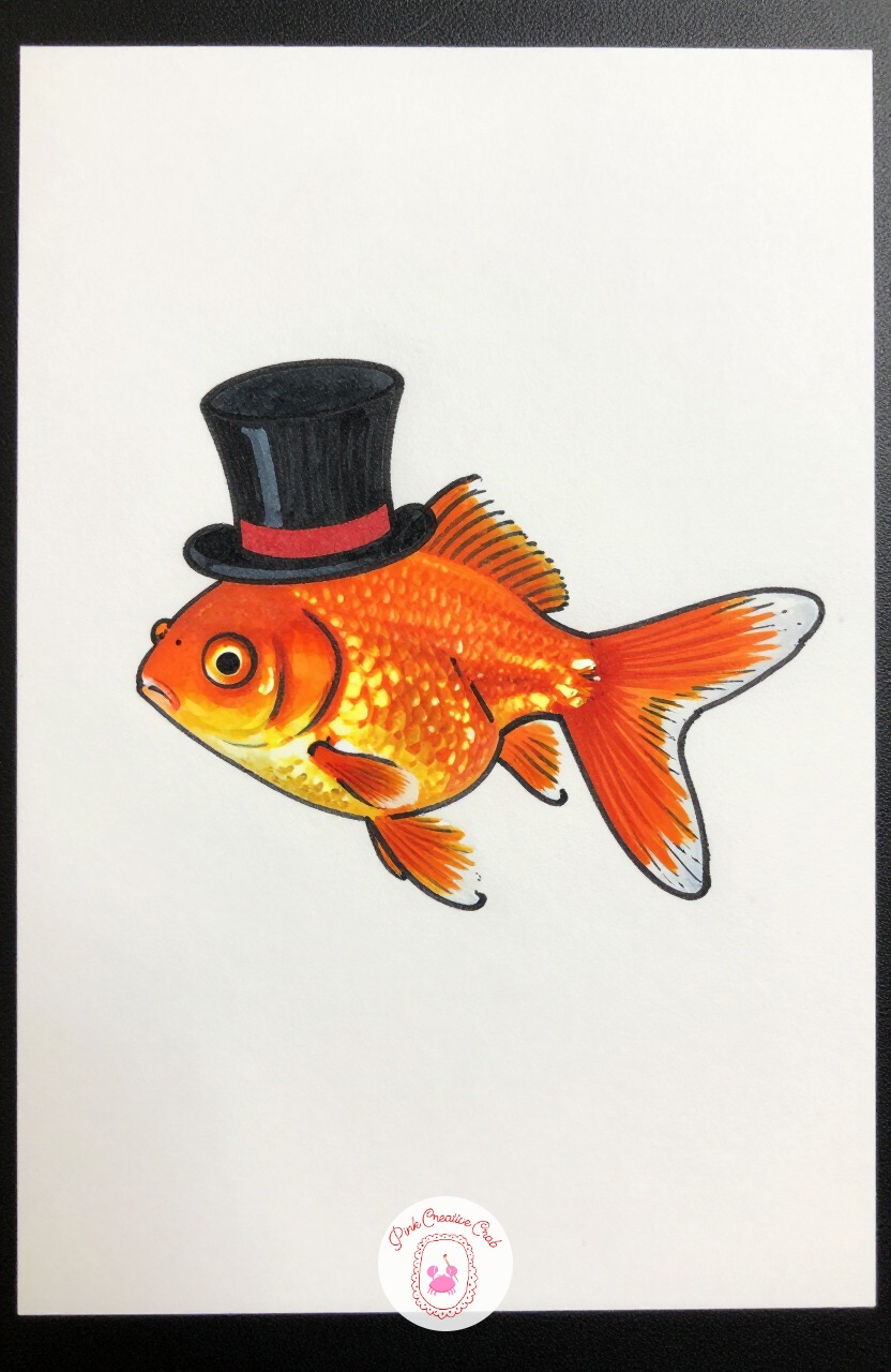 Goldfish in a Top Hat — Block in an oval body and a large fan-shaped tail, then perch a small top hat tilted on the fish's head. Silly animal doodles