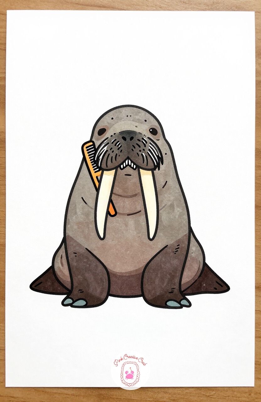 Walrus with a Mustache Comb — Draw a large rounded oval for the body, two thick curved tusks, and a wide bushy mustache tucked with a tiny comb resting in it.