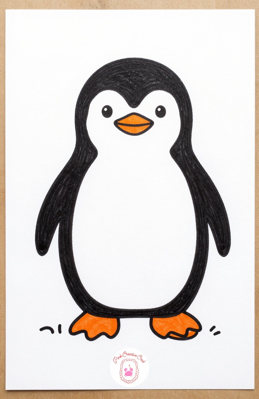 Penguin in Flip Flops — Build the penguin from one tall oval body with a white belly patch, then add two short flipper arms and a pair of tiny orange flip