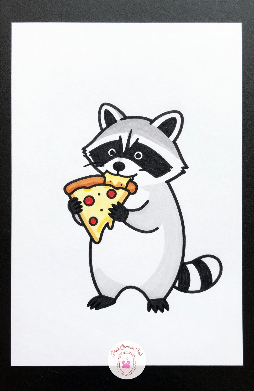 Raccoon Stealing a Pizza Slice — Draw a round head with a dark mask shape across the eyes, pointed ears, and a striped tail curling behind. Silly animal doodles