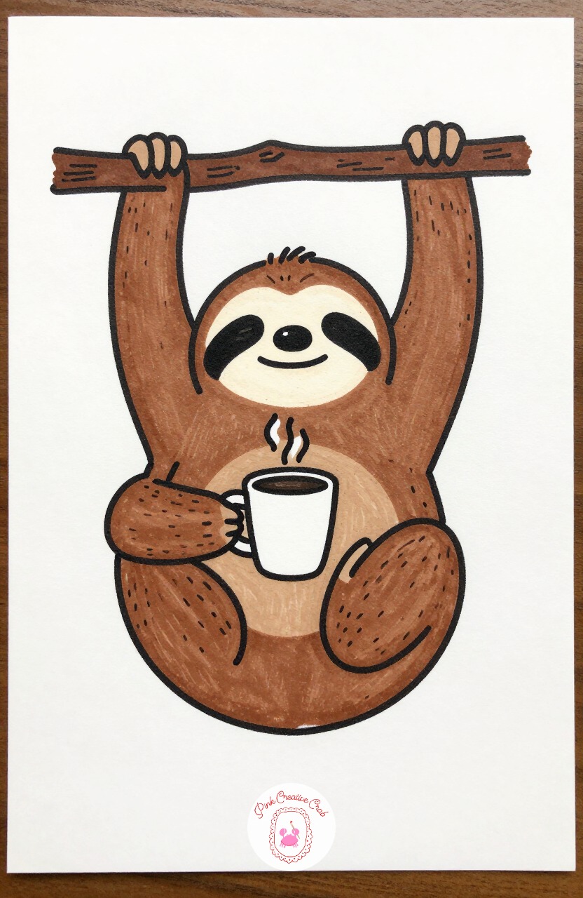 Sloth Holding a Coffee Cup — Give the sloth one round face, long curved arms wrapped around a branch, and a to-go coffee cup with a lid held in one paw. Silly