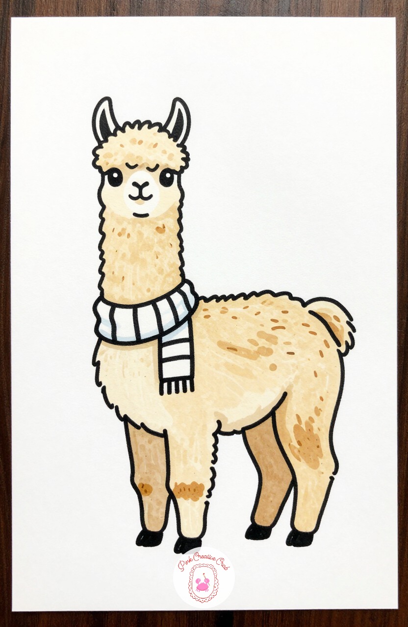 Llama in a Scarf — Sketch a long neck topped with a rounded head, floppy ears, and a fluffy oval body. Silly animal doodles