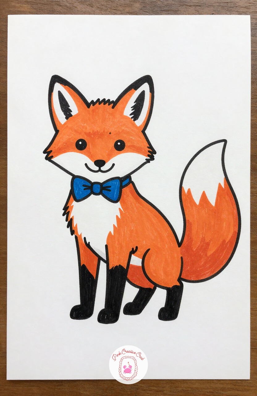Fox in a Bow Tie — Block in pointed triangle ears, a narrow pointed snout, and a large fluffy curved tail behind a slim body. Silly animal doodles
