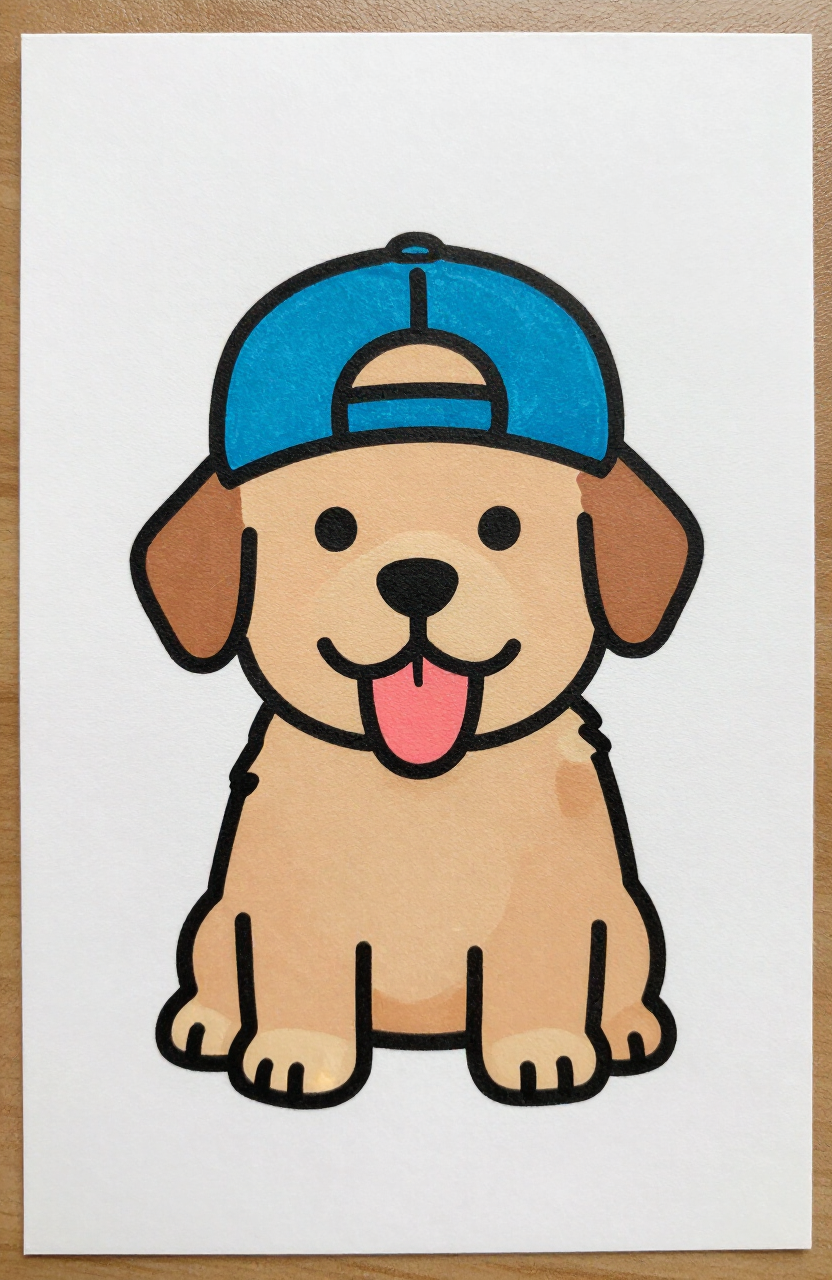 Dog Wearing a Backwards Cap — Draw a round head with two floppy ears, a simple oval body, and a baseball cap sitting with the brim facing backward. Silly