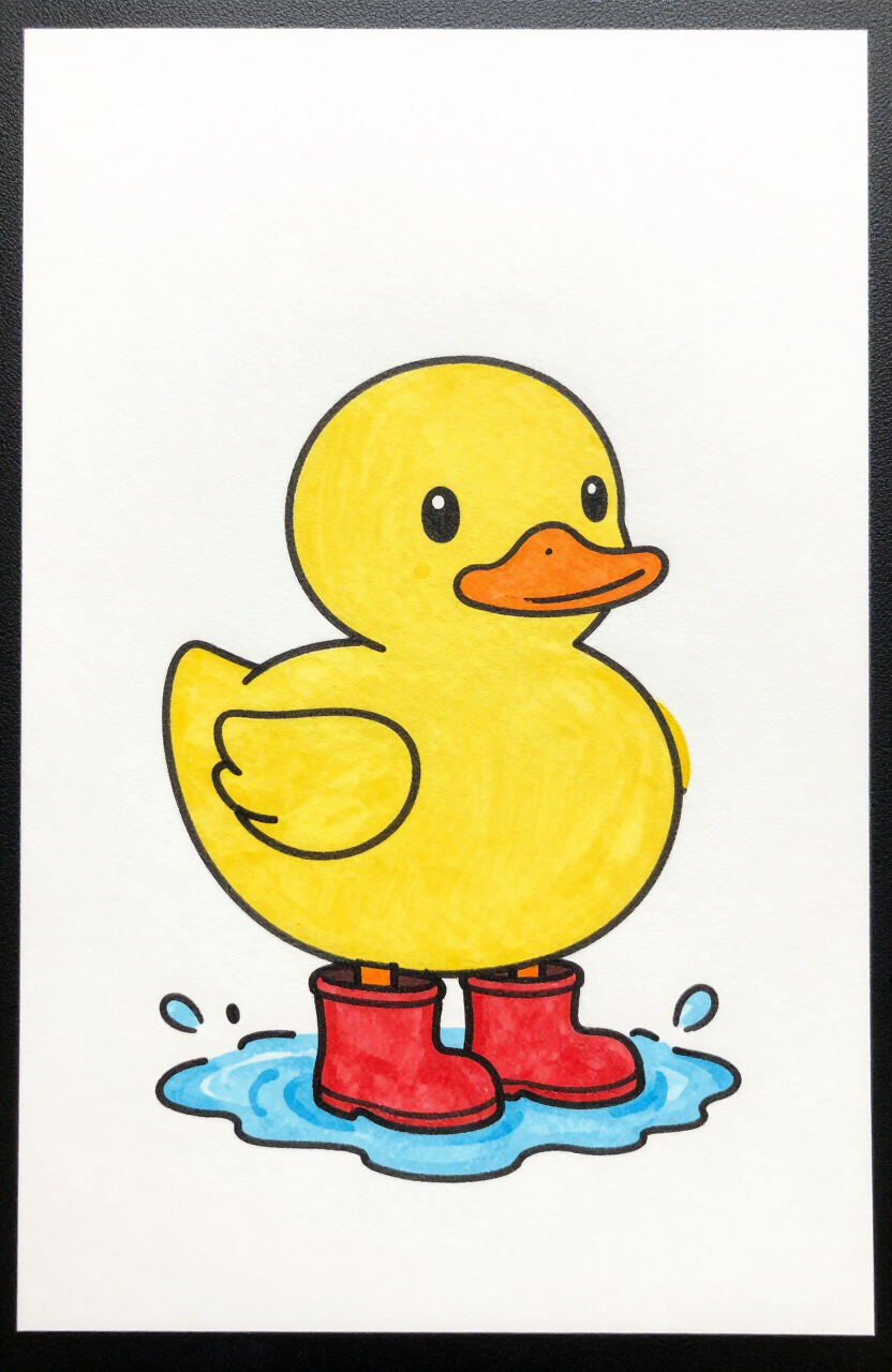 Duck Wearing Rain Boots — Keep the duck simple with one round body, a flat orange bill, and two short legs ending in bright yellow rain boots. Silly animal