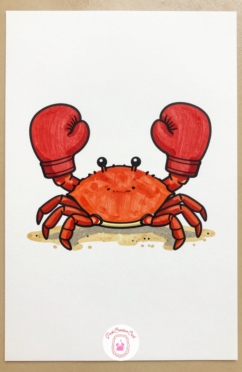 Crab Wearing Tiny Boxing Gloves — Draw a wide oval shell body with eight short legs along the bottom, then replace the two front claws with chunky boxing glove