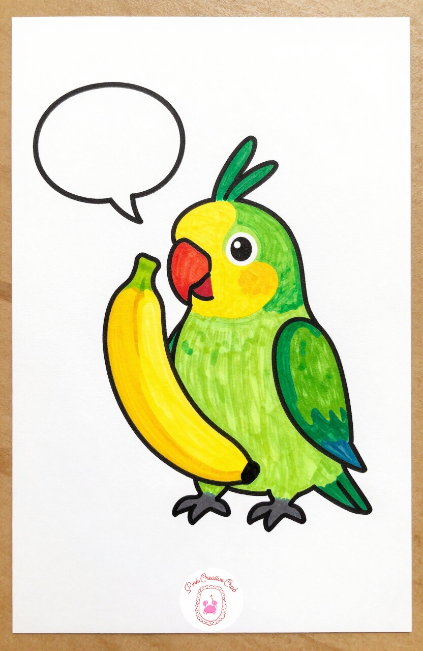 Parrot Talking on a Banana Phone — Draw a curved hooked beak, a tall feather crest, and a wing held up to the head holding a banana shaped and bent like a
