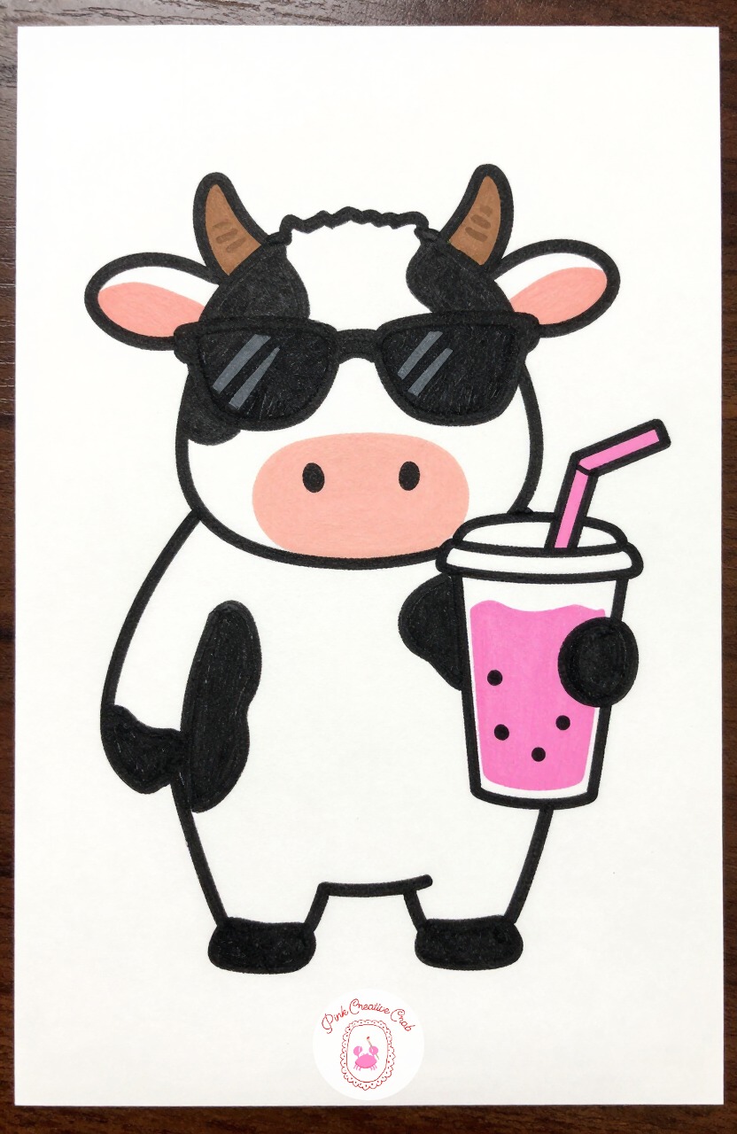 Cow with Sunglasses and a Milkshake — Draw a wide rounded body with scattered patch shapes, two small horns, and a pair of sunglasses across the eyes. Silly