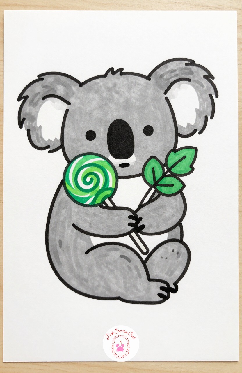 Koala Hugging a Eucalyptus Lollipop — Draw two large round ears, a wide flat nose, and a round body hugging a lollipop shaped like a swirled eucalyptus leaf