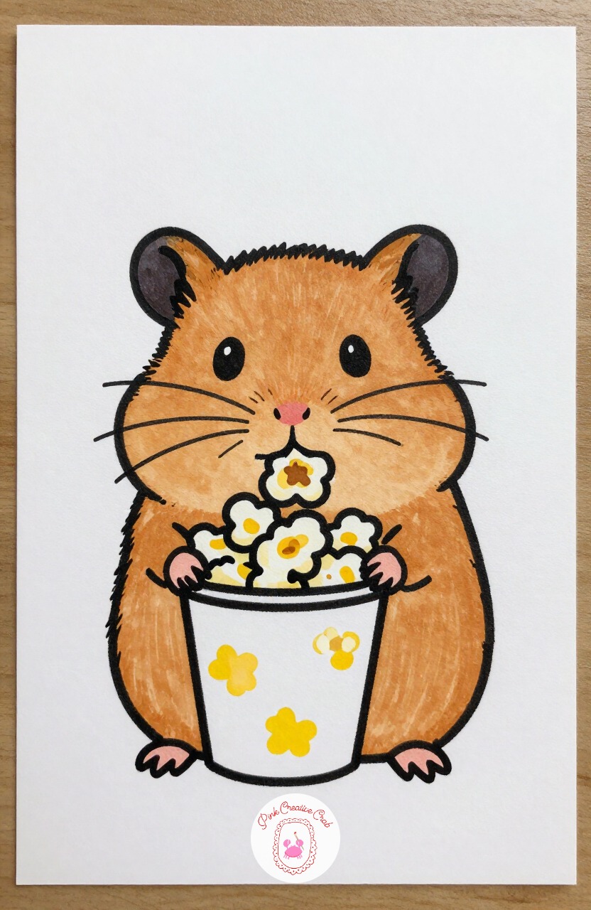 Hamster Stuffing Cheeks with Popcorn — Draw a small round body with cheeks puffed out far wider than the head itself, and place a tiny popcorn bucket in its