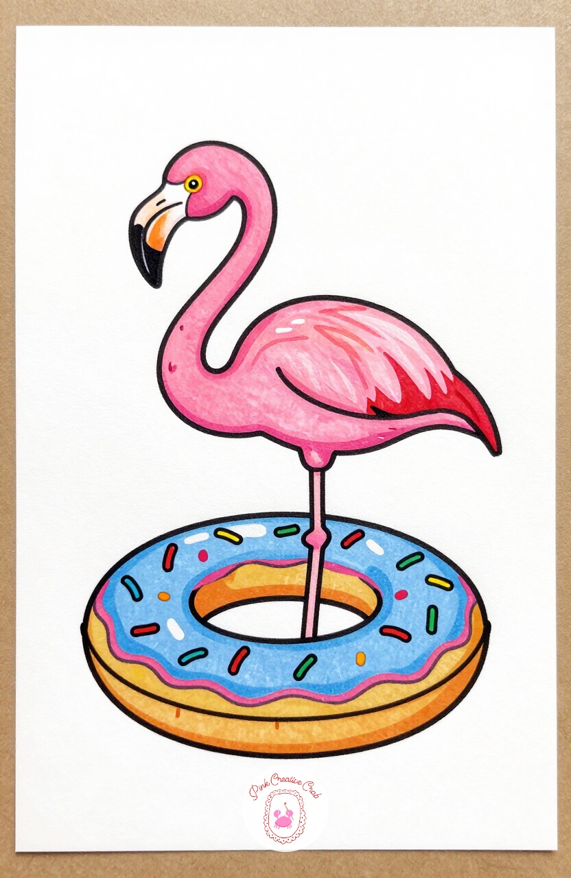 Flamingo Standing in a Donut Float — Draw one long curved neck, a small round head, and a body resting inside a round donut-shaped pool float with sprinkles
