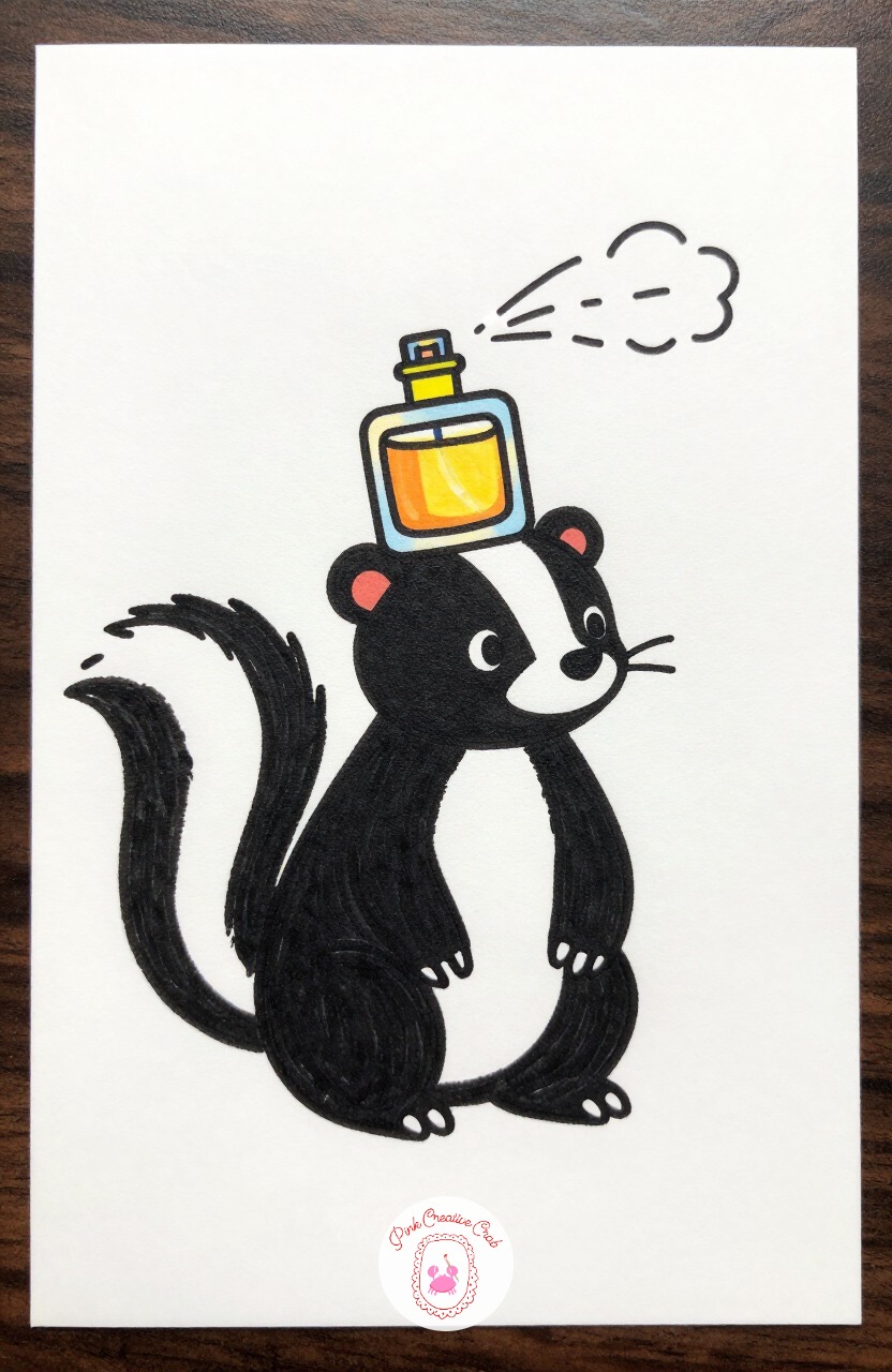 Skunk Wearing a Perfume Bottle Hat — Draw an oval body with one white stripe running down the back, a bushy tail curled behind, and a tiny perfume bottle