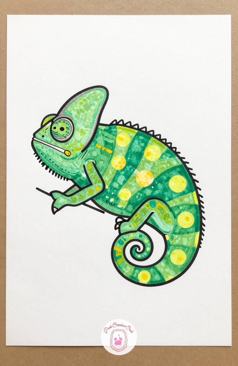 Chameleon Changing into Polka Dots — Draw a curled tail, a rounded body, and one large bulging eye, then split the body down the middle, one half plain and the