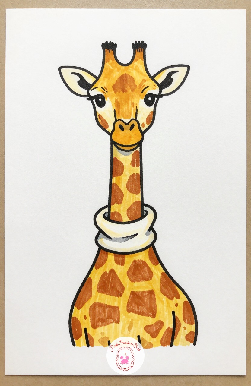 Giraffe Wearing a Turtleneck — Draw a tall curved neck with a small head and short horns, scattered patch shapes down the body, and a turtleneck collar bunched